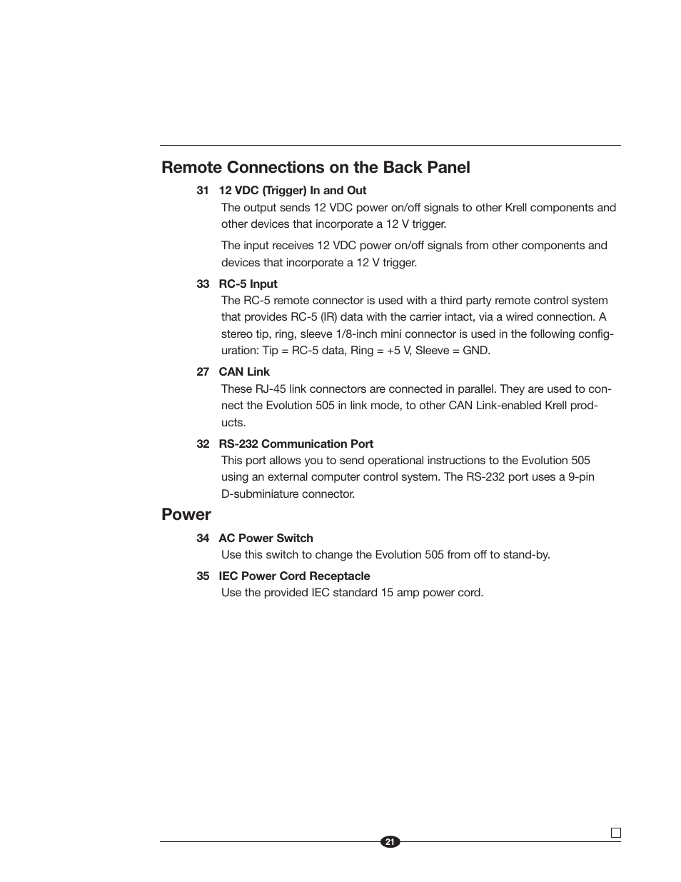 Remote connections on the back panel, Power | Krell Industries Evolution 505 User Manual | Page 21 / 32