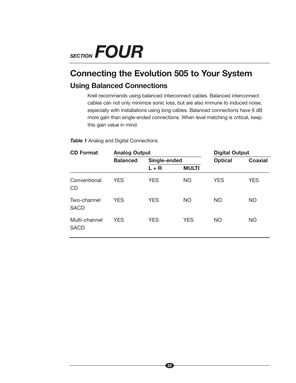 Four, Connecting the evolution 505 to your system, Using balanced connections | Krell Industries Evolution 505 User Manual | Page 22 / 32