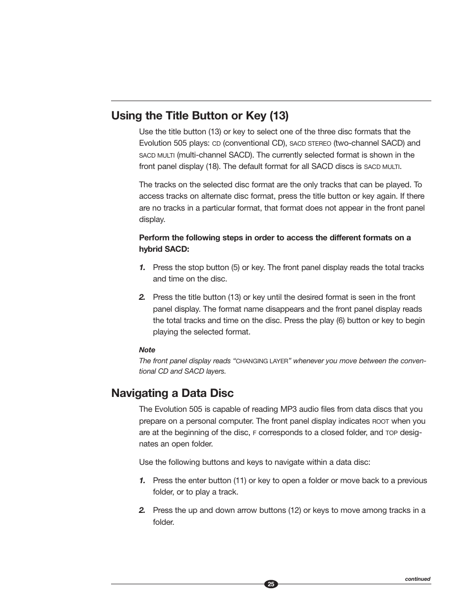 Using the title button or key (13), Navigating a data disc | Krell Industries Evolution 505 User Manual | Page 25 / 32