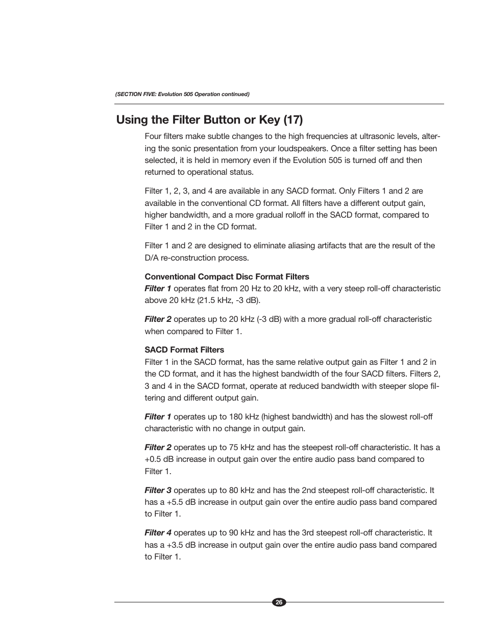 Using the filter button or key (17) | Krell Industries Evolution 505 User Manual | Page 26 / 32