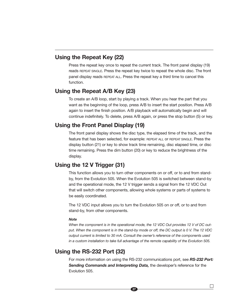 Using the repeat key (22), Using the repeat a/b key (23), Using the front panel display (19) | Using the 12 v trigger (31) | Krell Industries Evolution 505 User Manual | Page 27 / 32