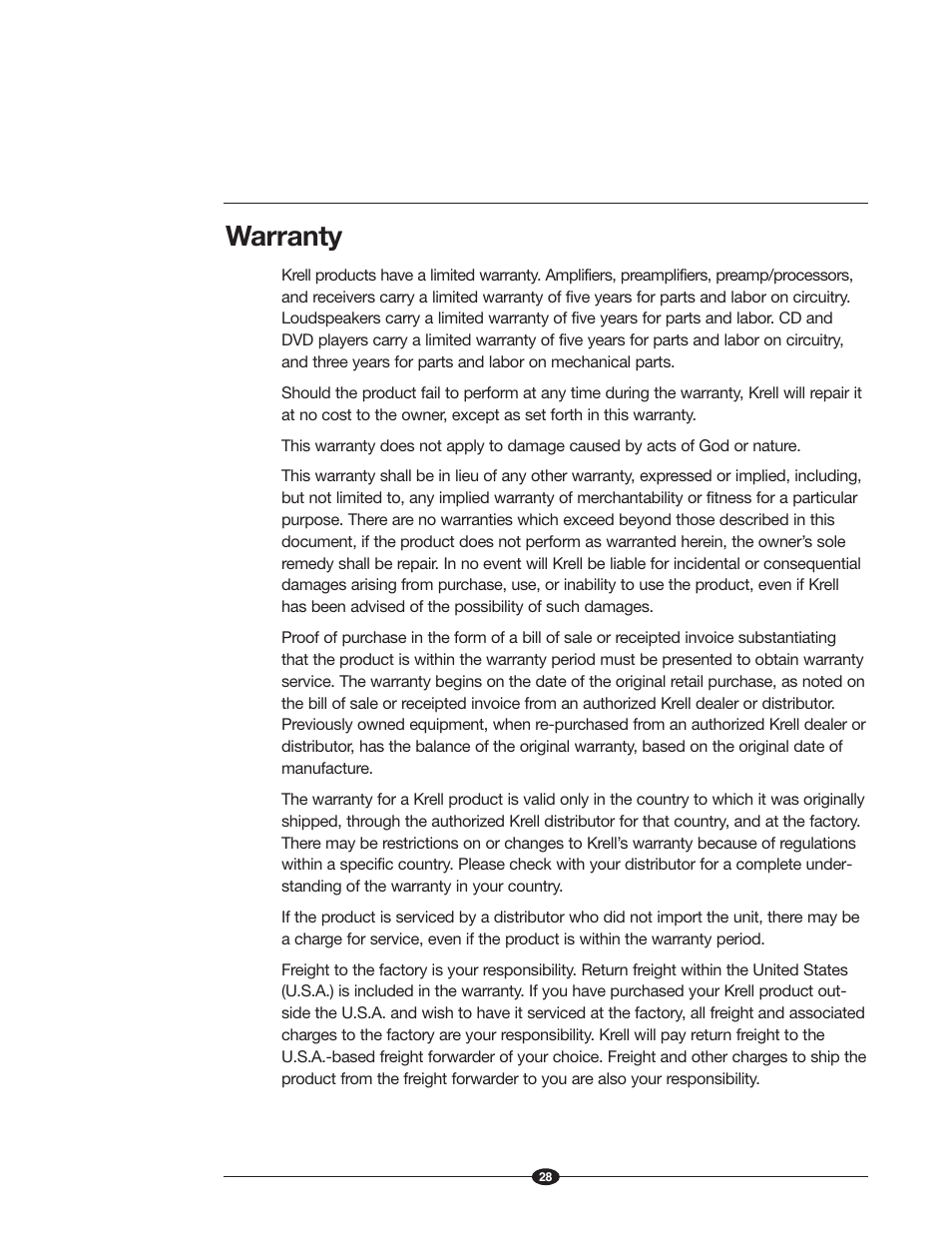 Warranty | Krell Industries Evolution 505 User Manual | Page 28 / 32
