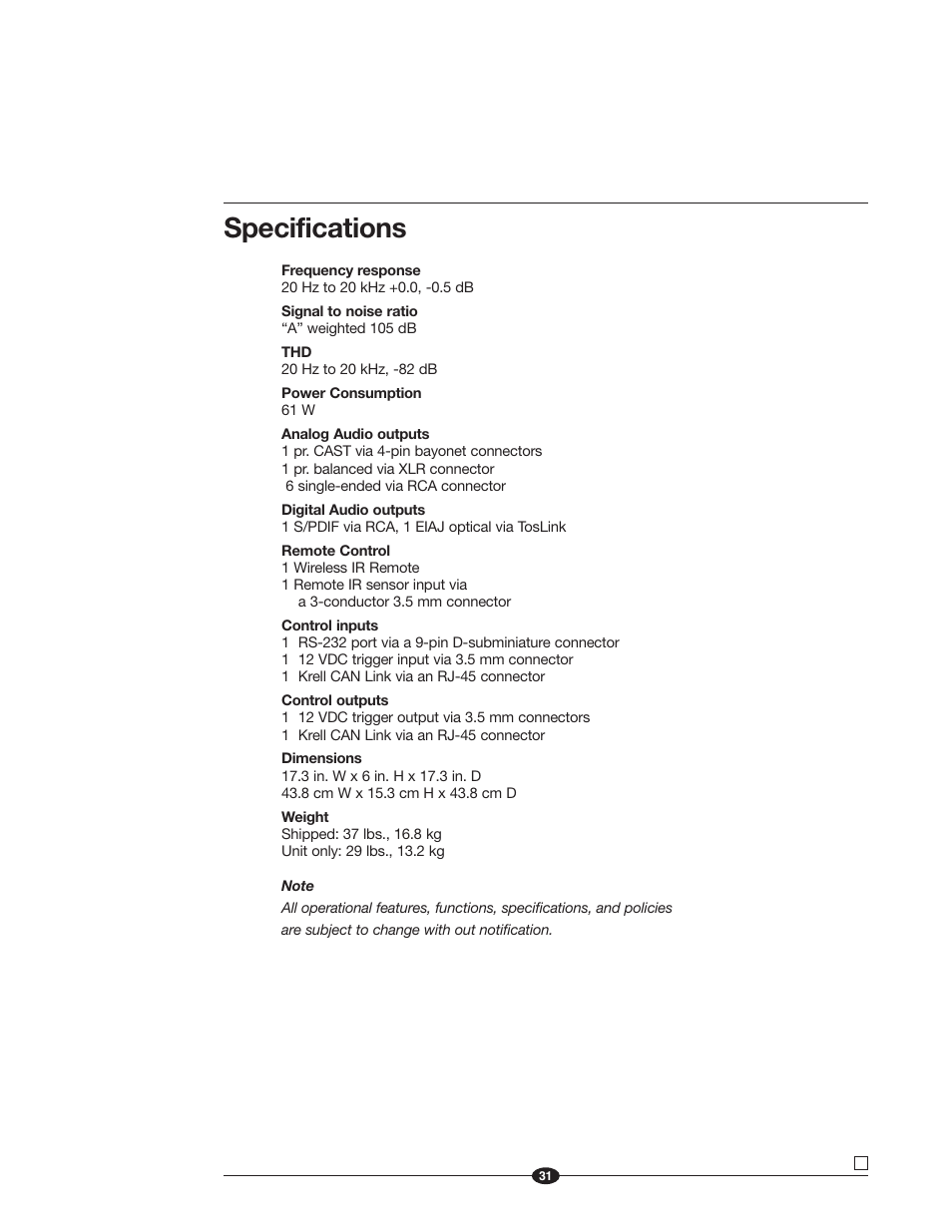 Specifications | Krell Industries Evolution 505 User Manual | Page 31 / 32