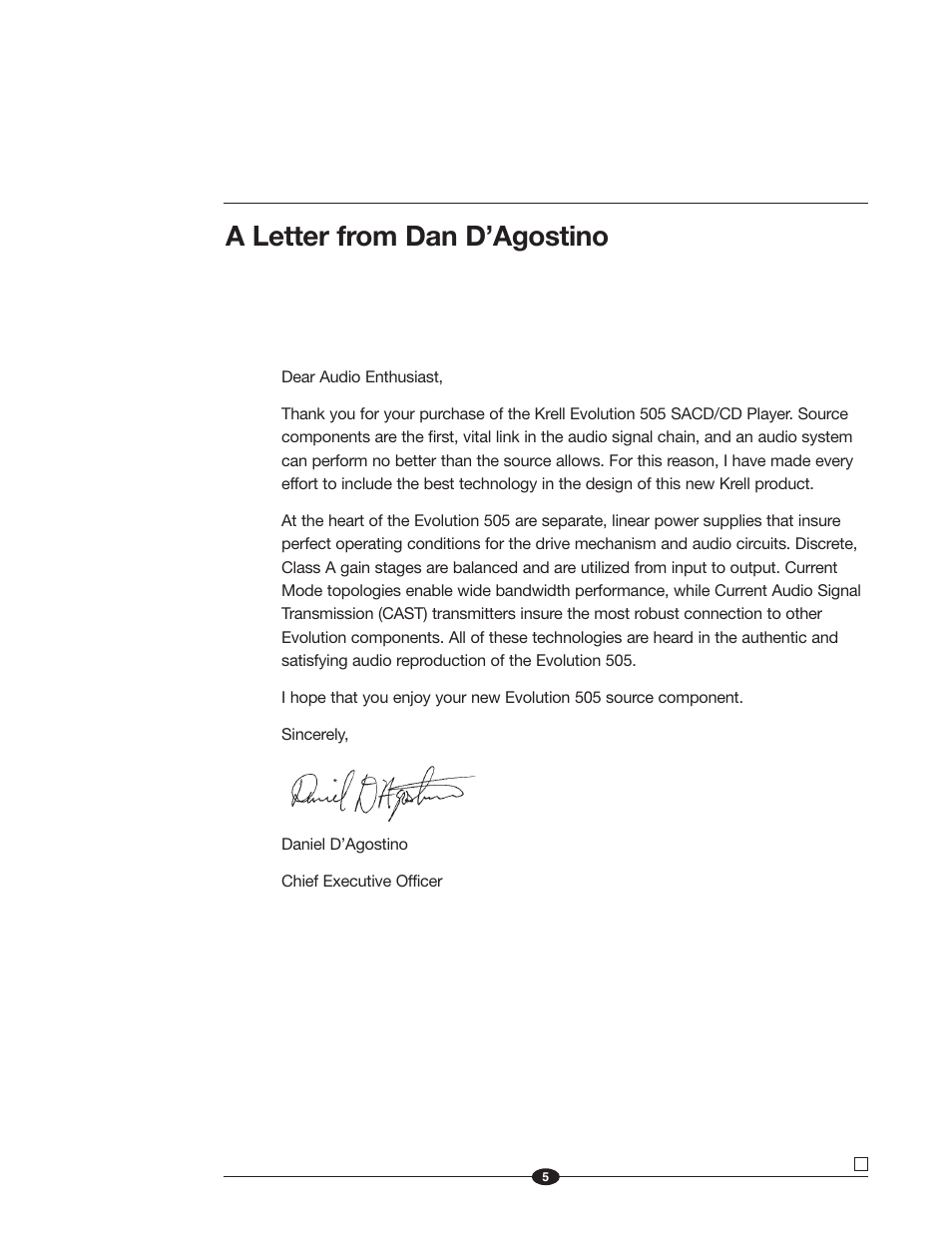 A letter from dan d’agostino | Krell Industries Evolution 505 User Manual | Page 5 / 32