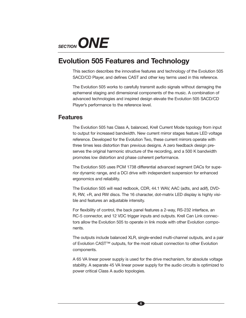 Evolution 505 features and technology, Features | Krell Industries Evolution 505 User Manual | Page 6 / 32
