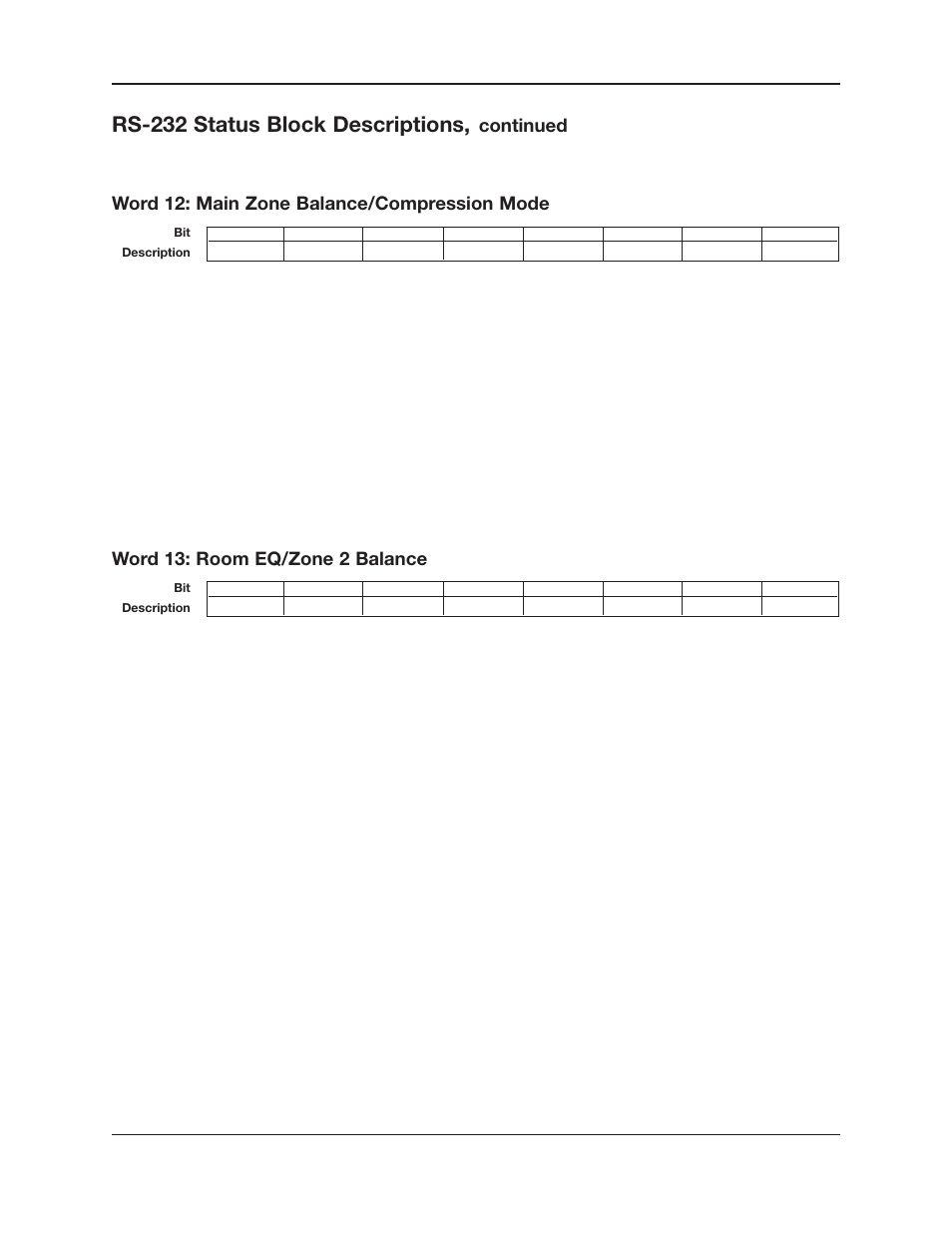 Rs-232 status block descriptions, Word 13: room eq/zone 2 balance | Krell Industries RS-232 User Manual | Page 15 / 20