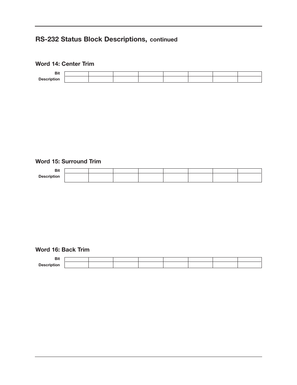 Rs-232 status block descriptions, Continued word 14: center trim, Word 15: surround trim | Word 16: back trim | Krell Industries RS-232 User Manual | Page 16 / 20