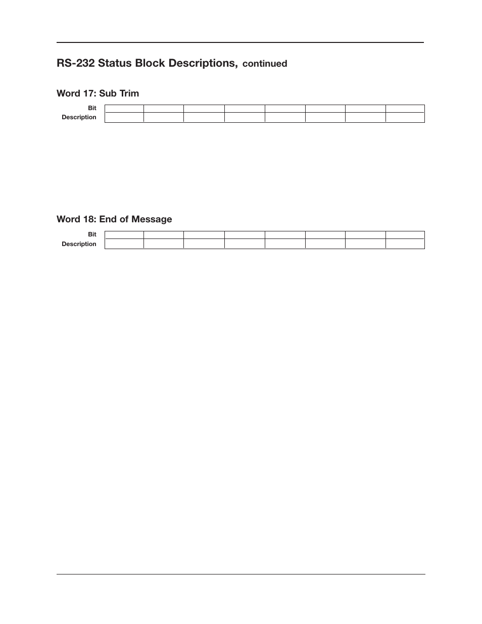 Rs-232 status block descriptions, Continued word 17: sub trim, Word 18: end of message | Krell Industries RS-232 User Manual | Page 17 / 20