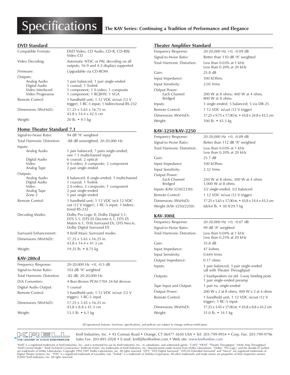 Specifications | Krell Industries DVD Palyer User Manual | Page 8 / 8