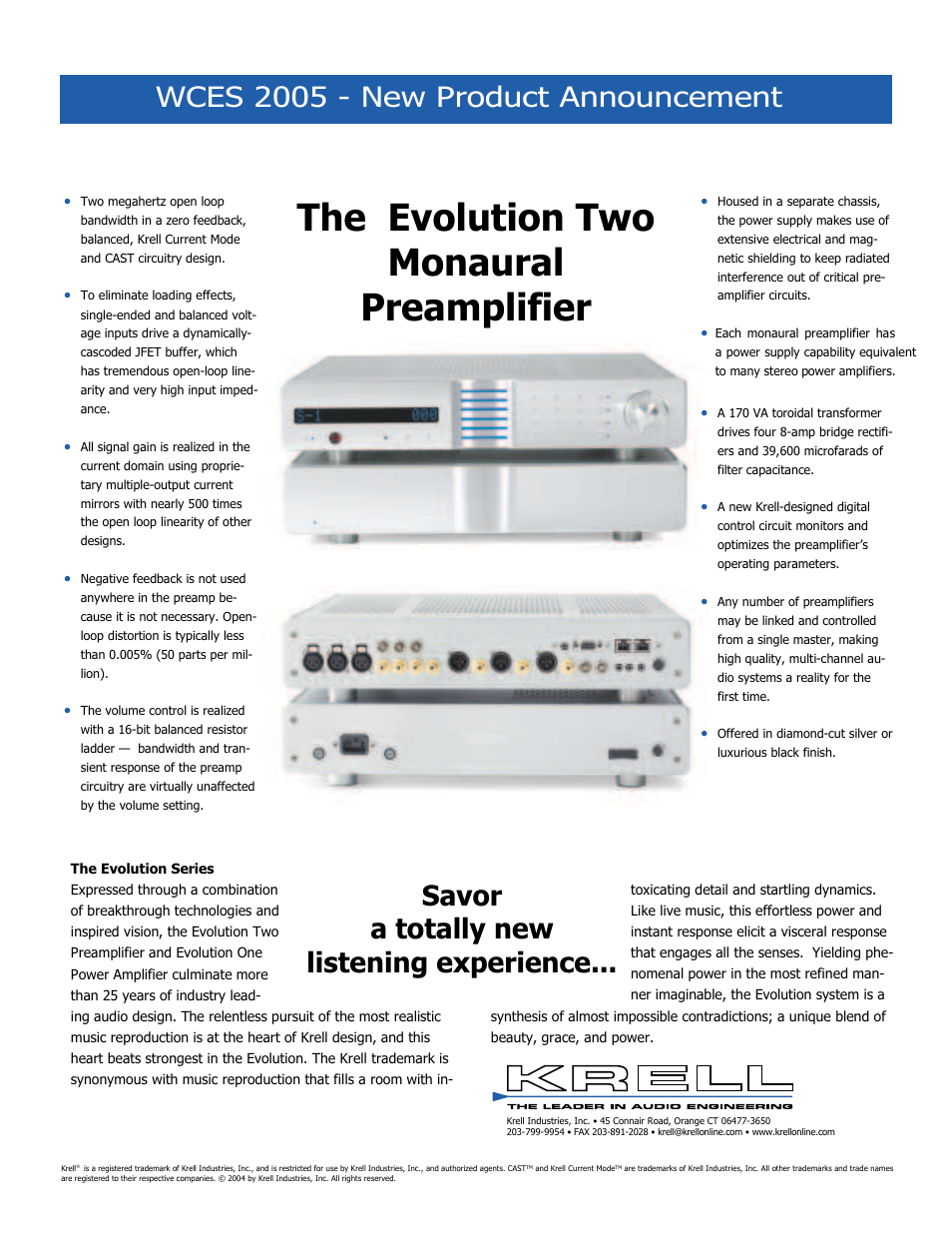 Krell Industries Evolution Two WCES 2005 User Manual | 1 page