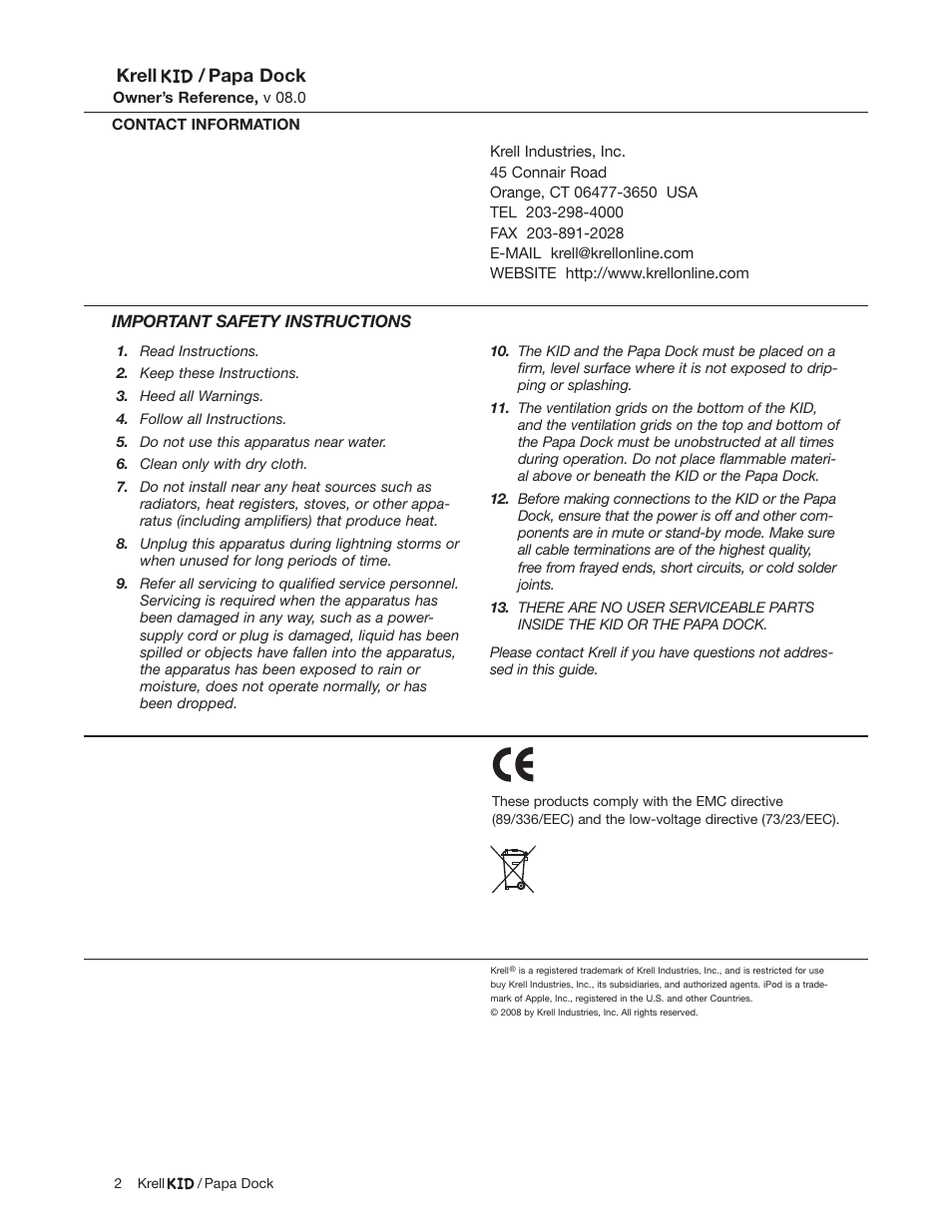 Krell / papa dock, Important safety instructions | Krell Industries Papa Dock iPod Docking Station User Manual | Page 2 / 12