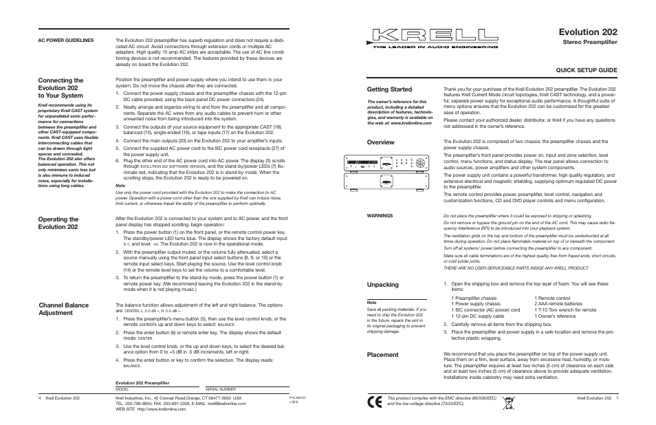 Krell Industries EVOLUTION 202 User Manual | 2 pages