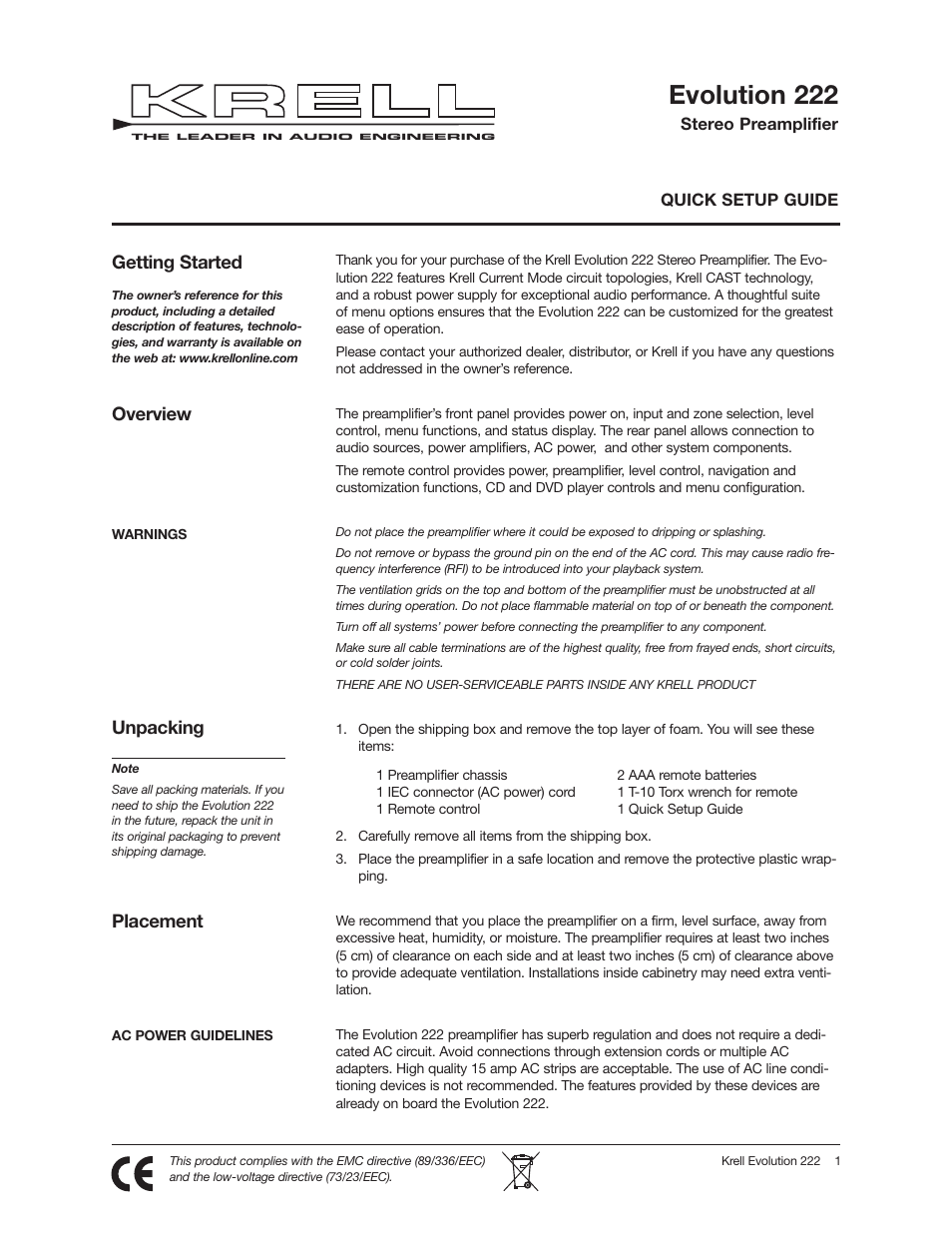 Krell Industries Evolution 309323 User Manual | 4 pages