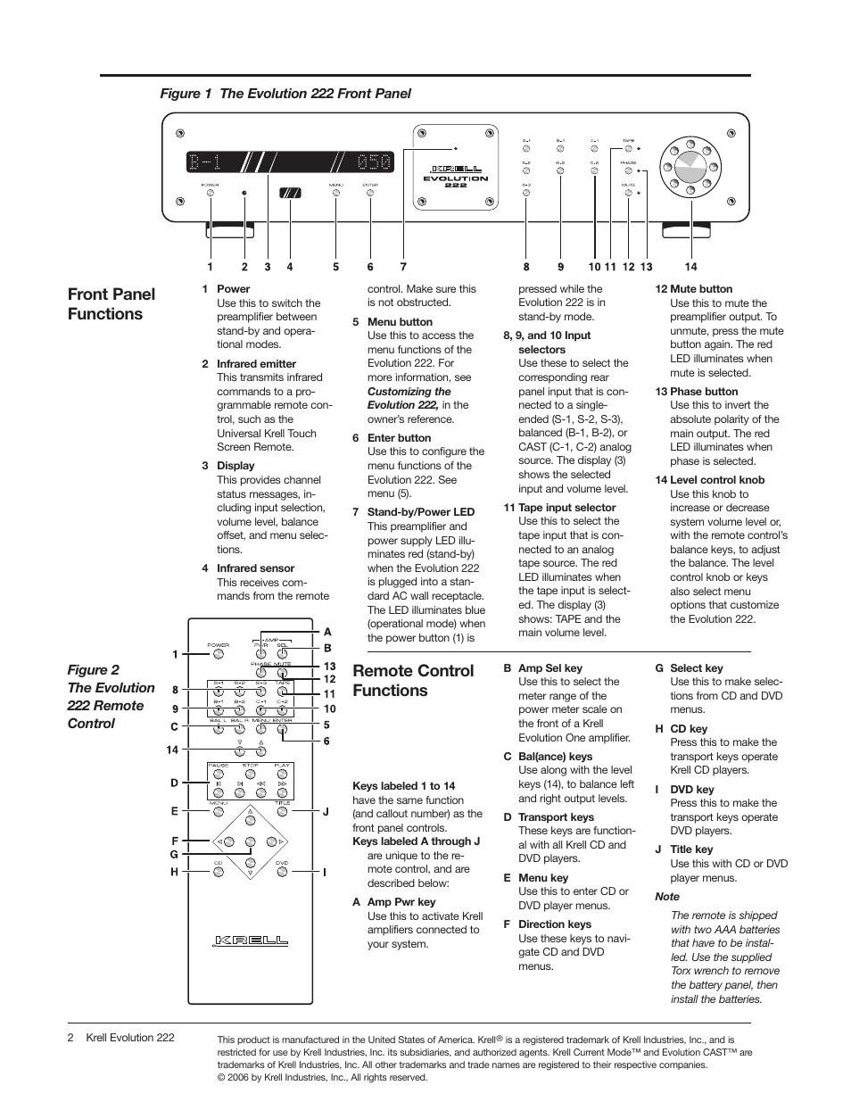 Front panel functions, Remote control functions | Krell Industries Evolution 309323 User Manual | Page 2 / 4