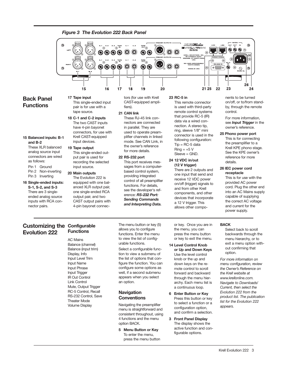 Back panel functions, Customizing the evolution 222 | Krell Industries Evolution 309323 User Manual | Page 3 / 4