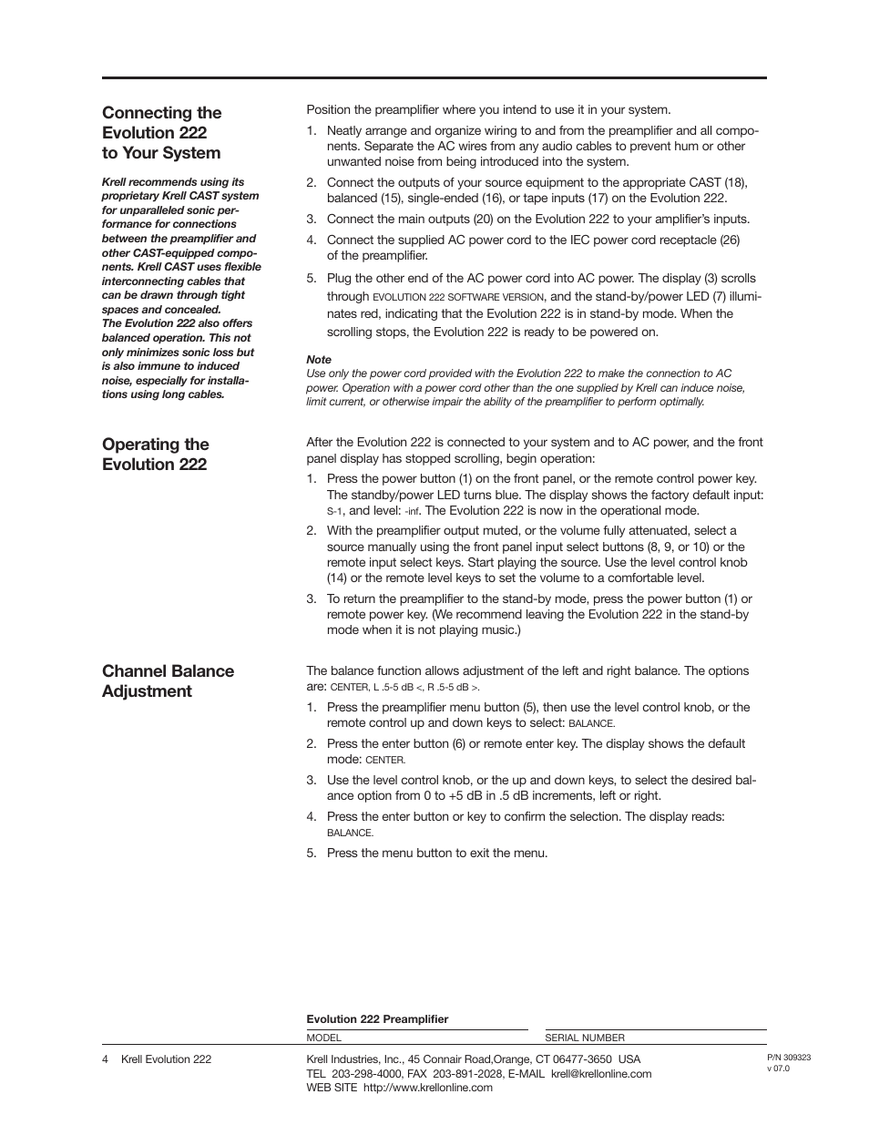 Connecting the evolution 222 to your system, Operating the evolution 222, Channel balance adjustment | Krell Industries Evolution 309323 User Manual | Page 4 / 4