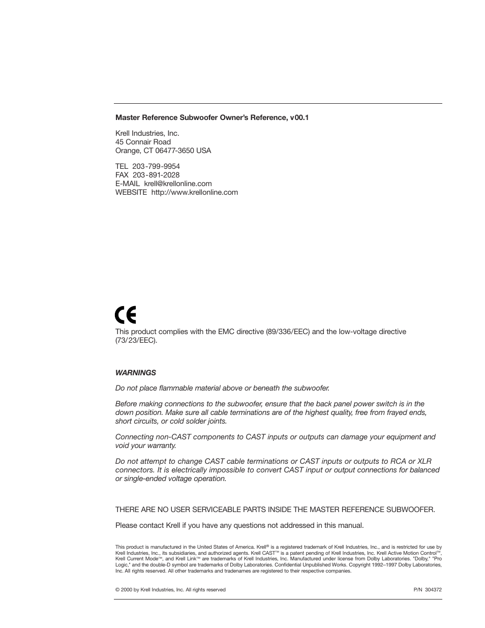 Krell Industries MASTER REFERENCE SUBWOOFER User Manual | Page 2 / 58
