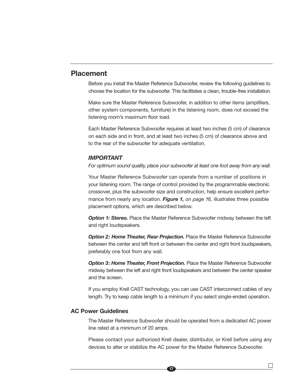 Placement | Krell Industries MASTER REFERENCE SUBWOOFER User Manual | Page 23 / 58