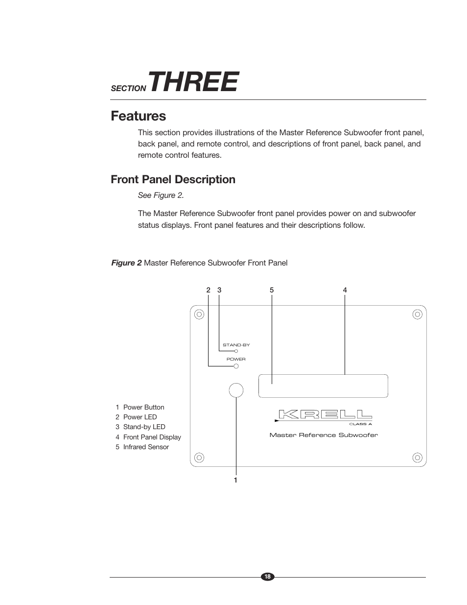 Three, Features, Front panel description | Krell Industries MASTER REFERENCE SUBWOOFER User Manual | Page 24 / 58