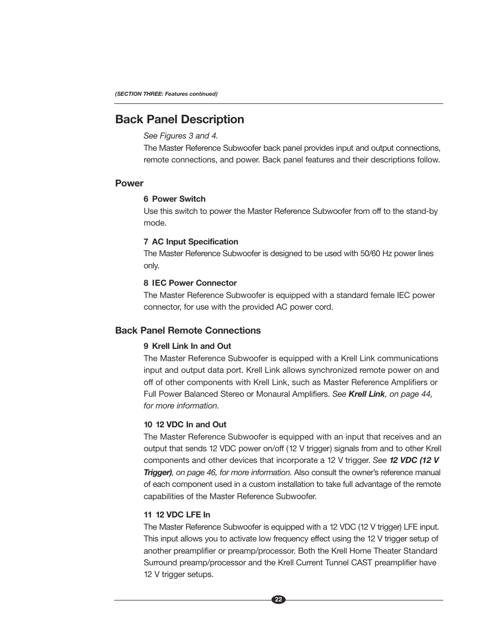 Back panel description | Krell Industries MASTER REFERENCE SUBWOOFER User Manual | Page 28 / 58