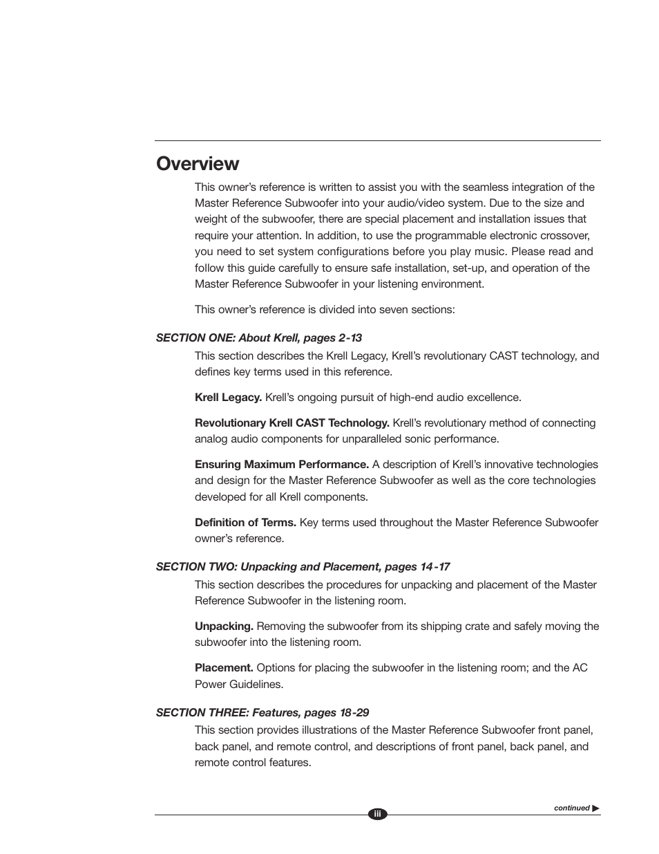 Overview | Krell Industries MASTER REFERENCE SUBWOOFER User Manual | Page 3 / 58