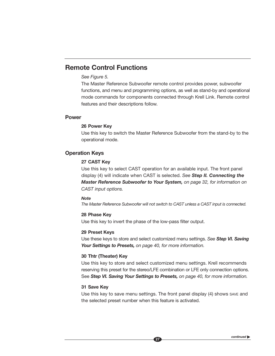 Remote control functions | Krell Industries MASTER REFERENCE SUBWOOFER User Manual | Page 33 / 58