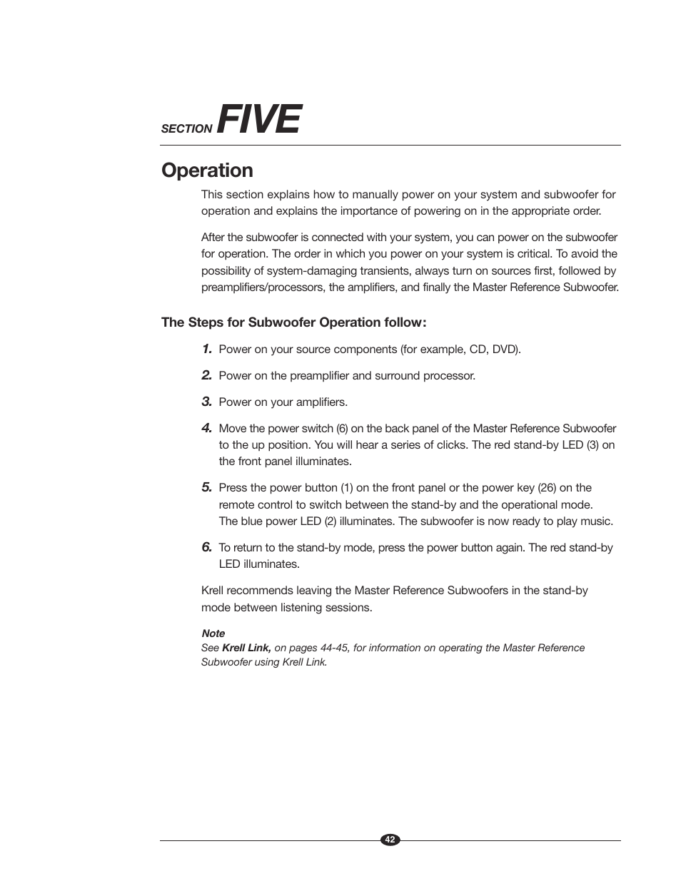 Five, Operation | Krell Industries MASTER REFERENCE SUBWOOFER User Manual | Page 48 / 58