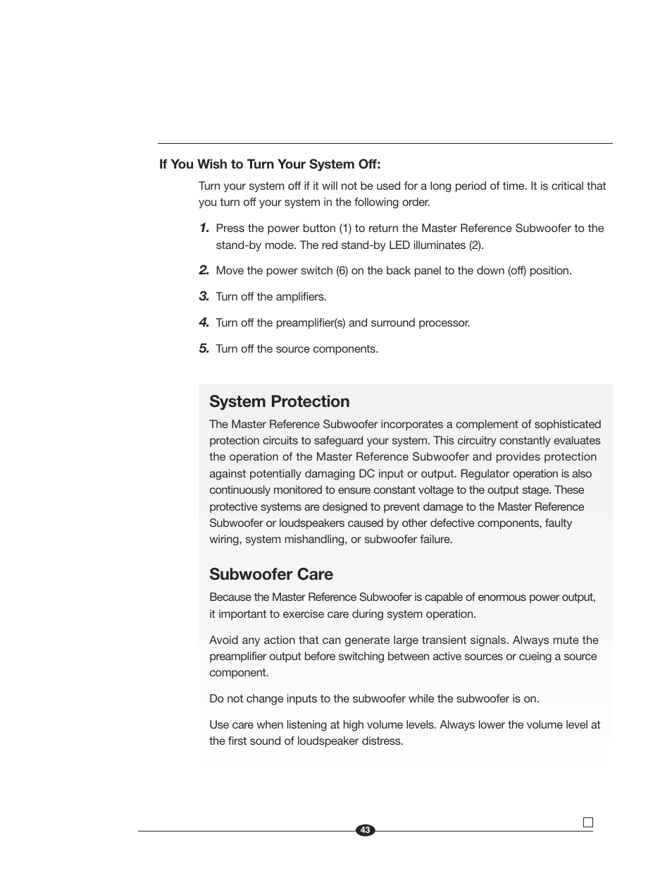 System protection, Subwoofer care | Krell Industries MASTER REFERENCE SUBWOOFER User Manual | Page 49 / 58