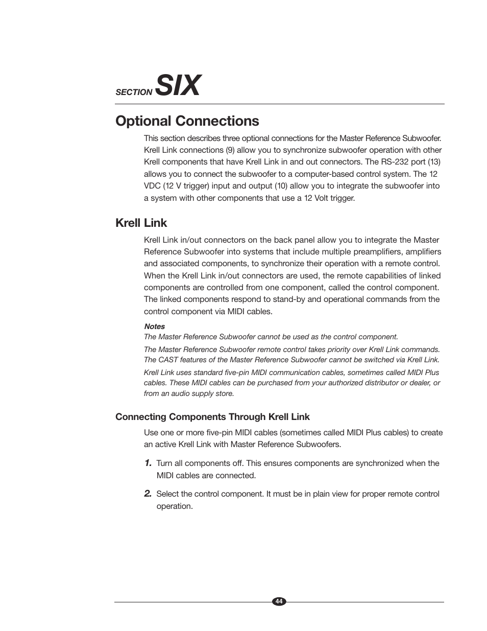 Optional connections, Krell link | Krell Industries MASTER REFERENCE SUBWOOFER User Manual | Page 50 / 58