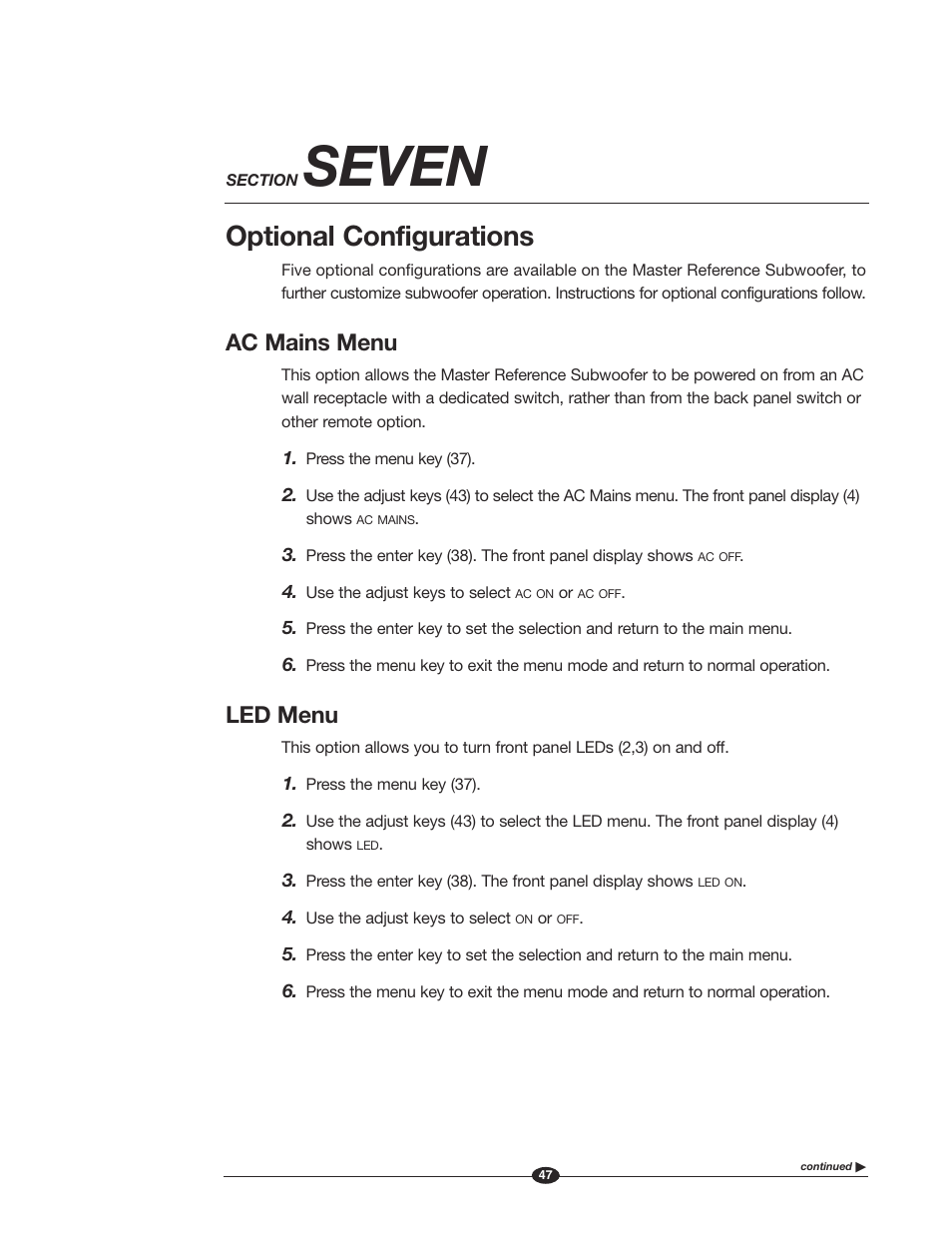 Seven, Optional configurations, Ac mains menu | Led menu | Krell Industries MASTER REFERENCE SUBWOOFER User Manual | Page 53 / 58