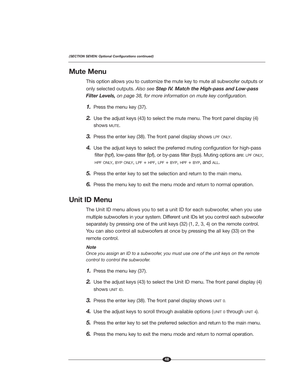 Mute menu, Unit id menu | Krell Industries MASTER REFERENCE SUBWOOFER User Manual | Page 54 / 58