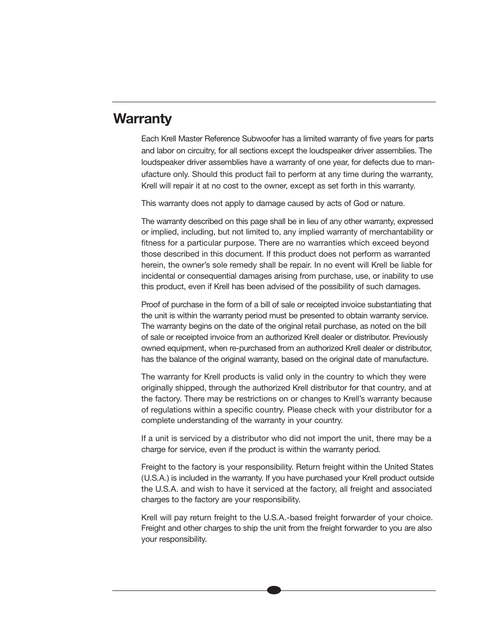 Warranty | Krell Industries MASTER REFERENCE SUBWOOFER User Manual | Page 56 / 58