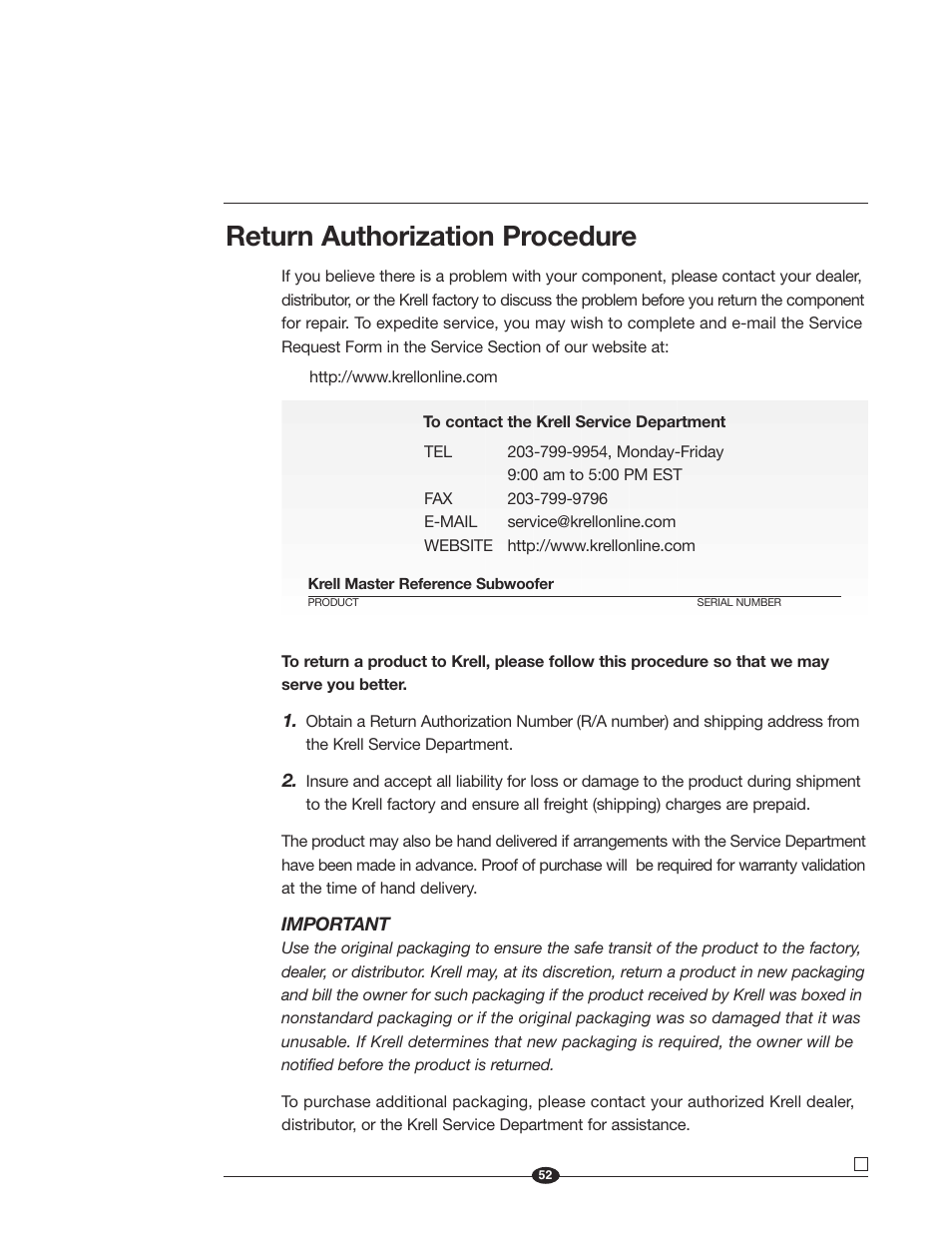 Return authorization procedure | Krell Industries MASTER REFERENCE SUBWOOFER User Manual | Page 58 / 58
