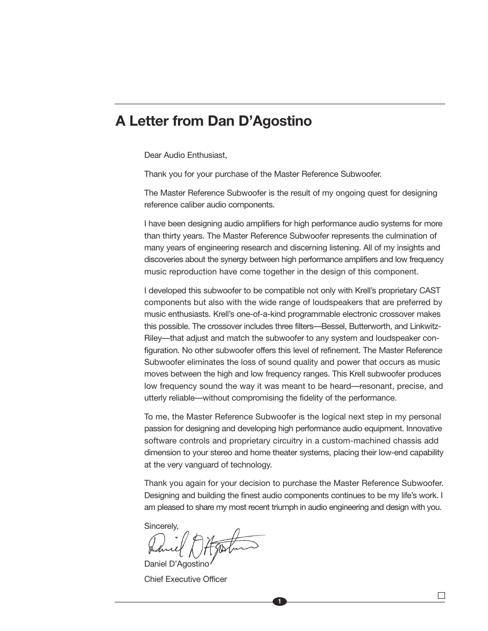 A letter from dan d’agostino | Krell Industries MASTER REFERENCE SUBWOOFER User Manual | Page 7 / 58