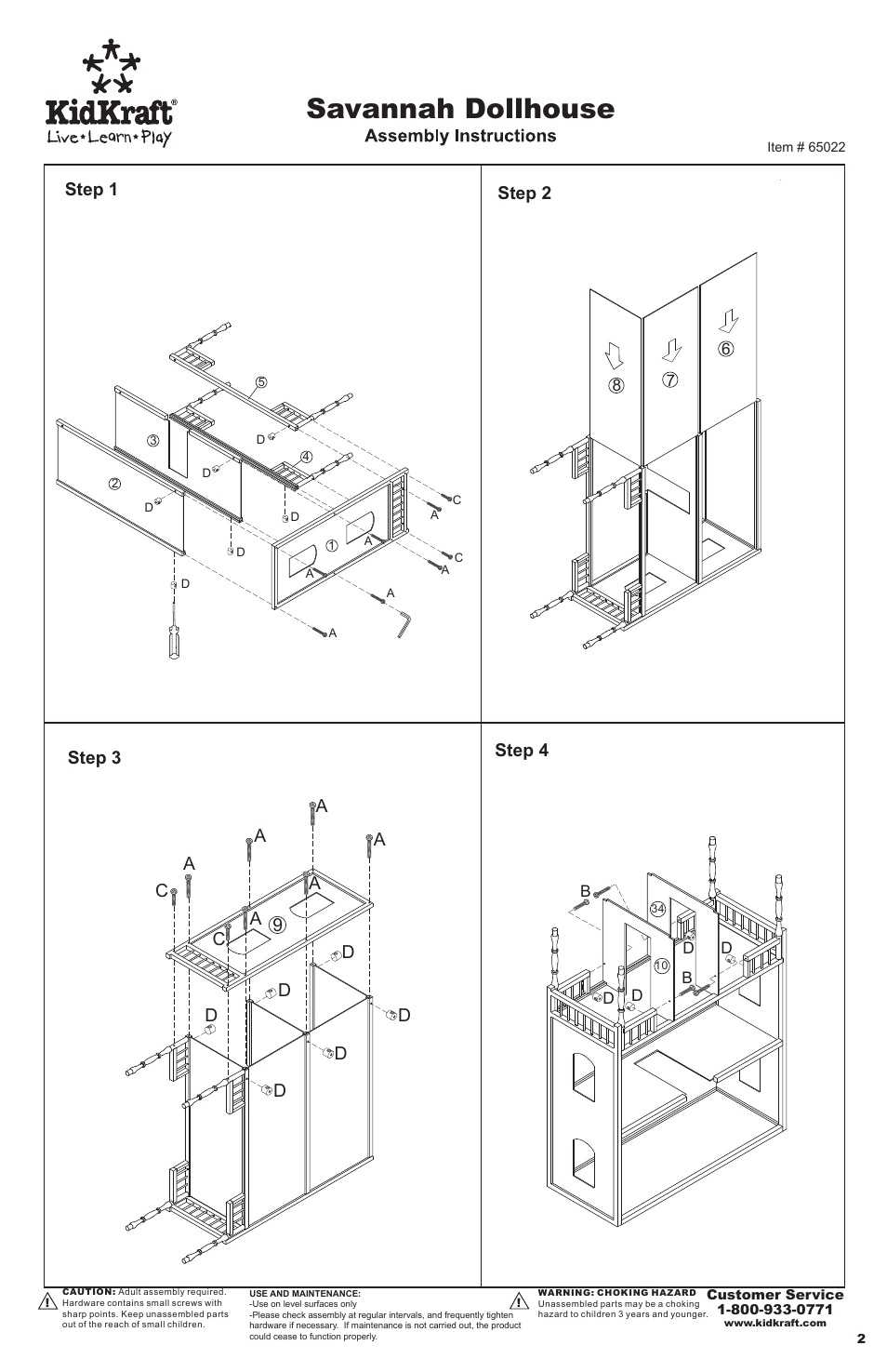 Savannah dollhouse, Step 3 step 2 step 4 step 1 | KidKraft 65022 User Manual | Page 2 / 5