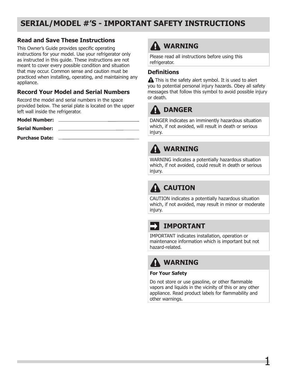 Serial/model #’s - important safety instructions, Warning, Important | Danger, Caution | Keystone Double Door Compact Refridgerator KSTRC312AW User Manual | Page 3 / 9
