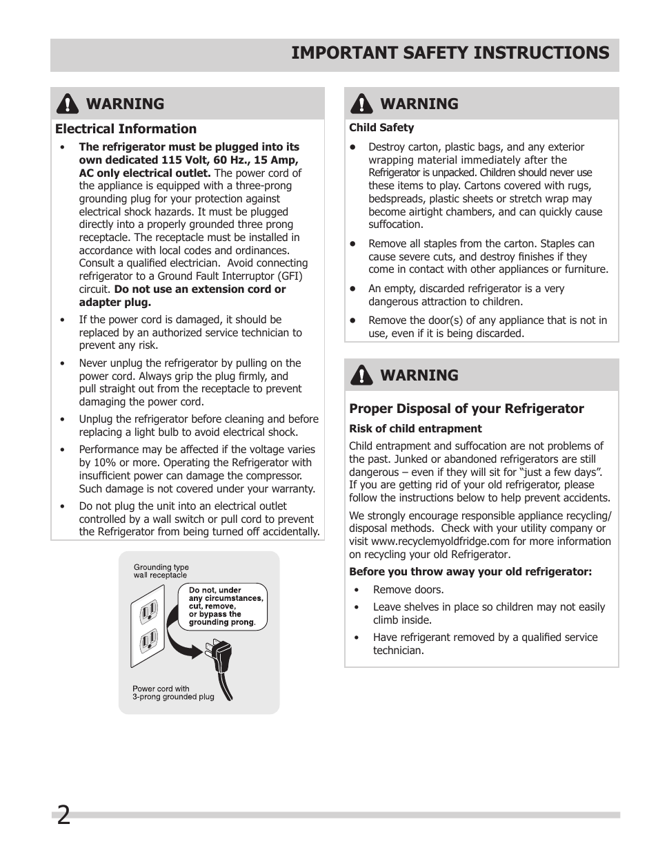 Important safety instructions, Warning | Keystone Double Door Compact Refridgerator KSTRC312AW User Manual | Page 4 / 9