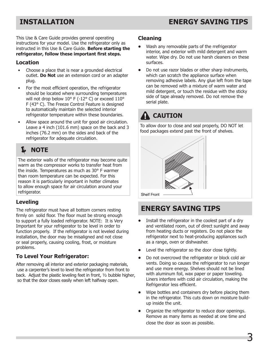 Installation, Energy saving tips, Caution | Keystone Double Door Compact Refridgerator KSTRC312AW User Manual | Page 5 / 9
