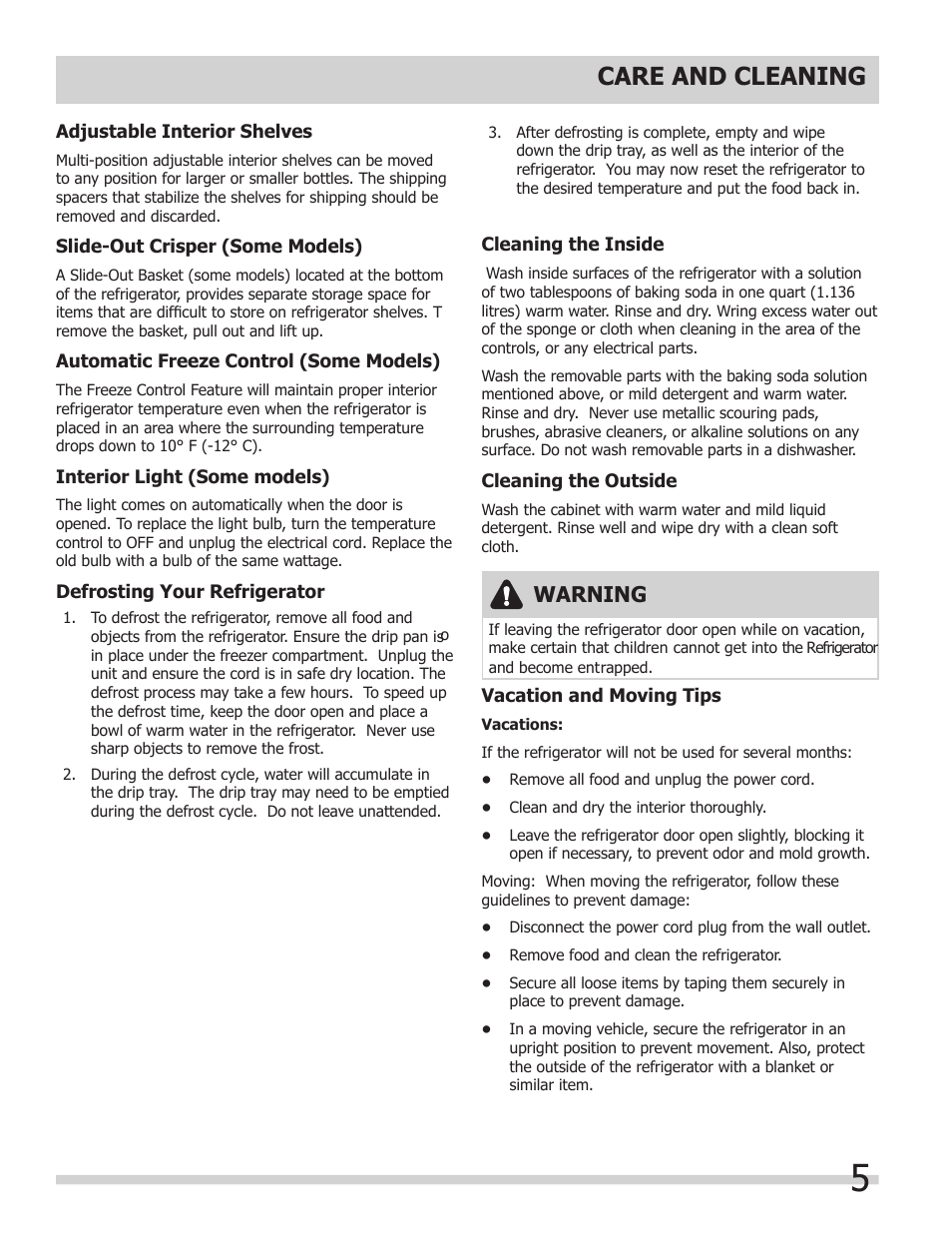 Care and cleaning, Warning | Keystone Double Door Compact Refridgerator KSTRC312AW User Manual | Page 7 / 9