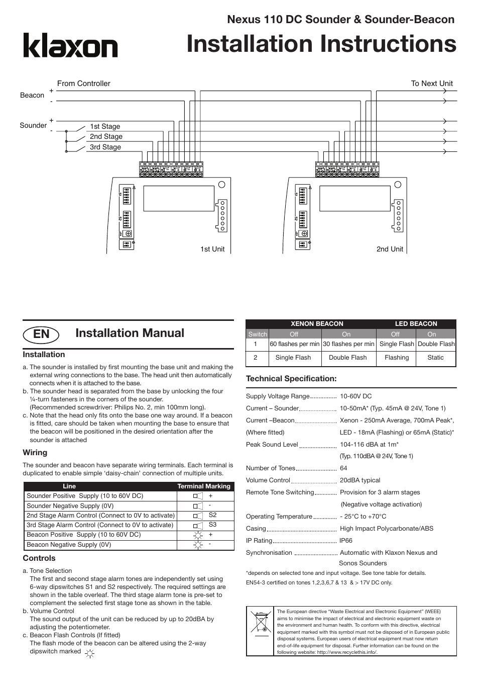 Nexos english 110_layout 1, Installation instructions, Installation manual | Nexus 110 dc sounder & sounder-beacon | Klaxon Nexus 110 DC User Manual | Page 2 / 4