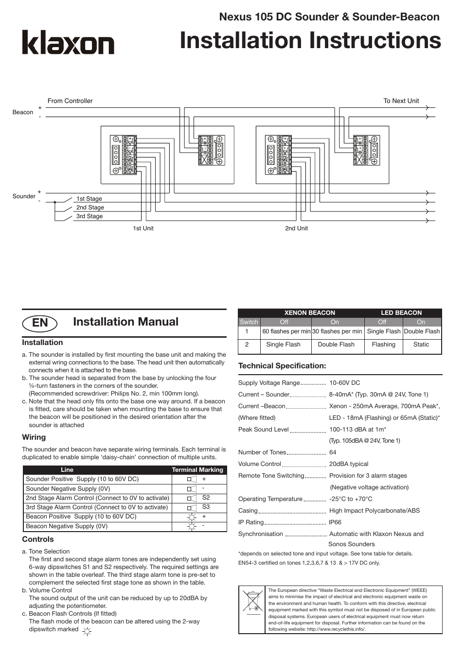 Installation instructions, Installation manual, Nexus 105 dc sounder & sounder-beacon | Klaxon Nexus 105 DC User Manual | Page 2 / 4