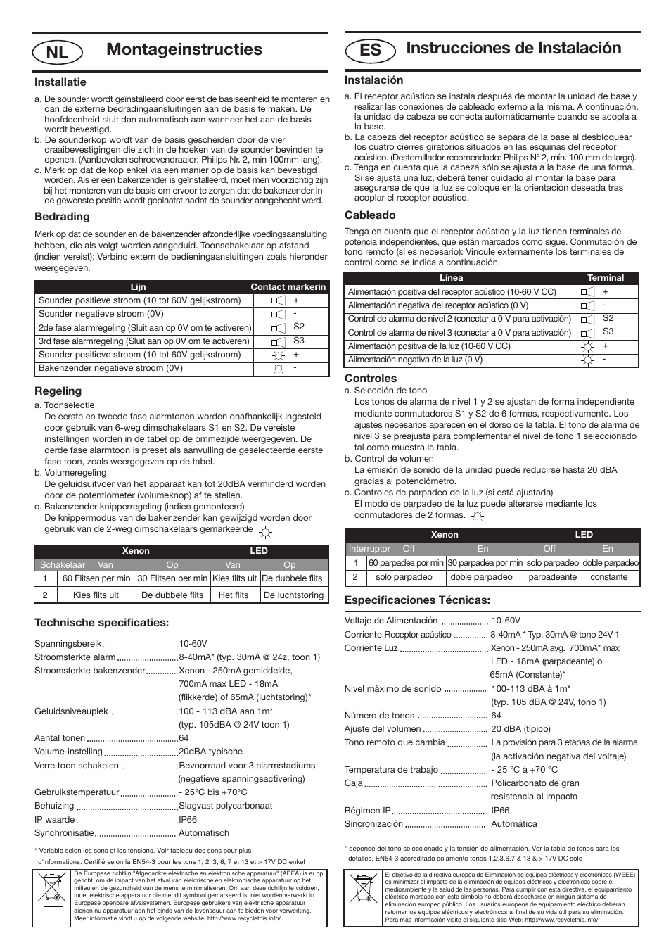 Instrucciones de instalación, Es montageinstructies nl, Instalación | Cableado, Controles, Especificaciones técnicas, Installatie, Bedrading, Regeling, Technische specificaties | Klaxon Nexus 105 DC User Manual | Page 4 / 4