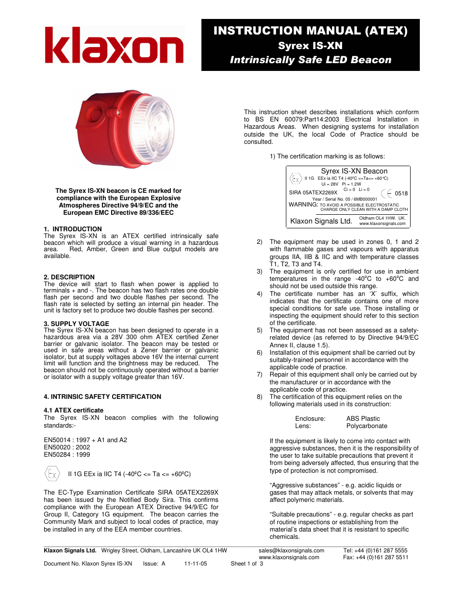 Klaxon Syrex IS-XN User Manual | 3 pages