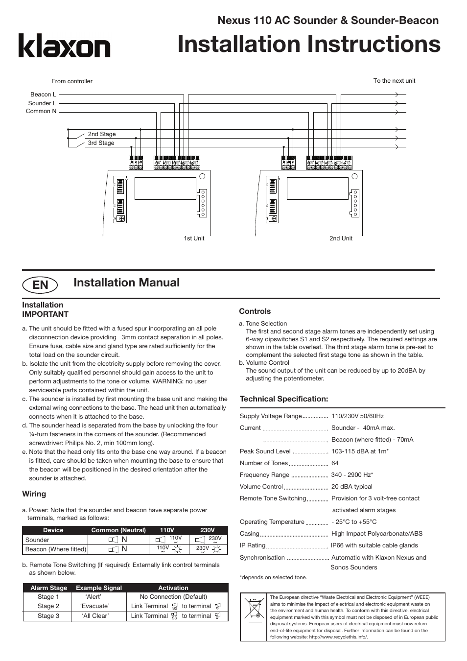 Nexos english 110 ac _layout 1, Installation instructions, Installation manual | Nexus 110 ac sounder & sounder-beacon, Installation important, Wiring, Technical specification, Controls | Klaxon Nexus 110 AC User Manual | Page 2 / 7