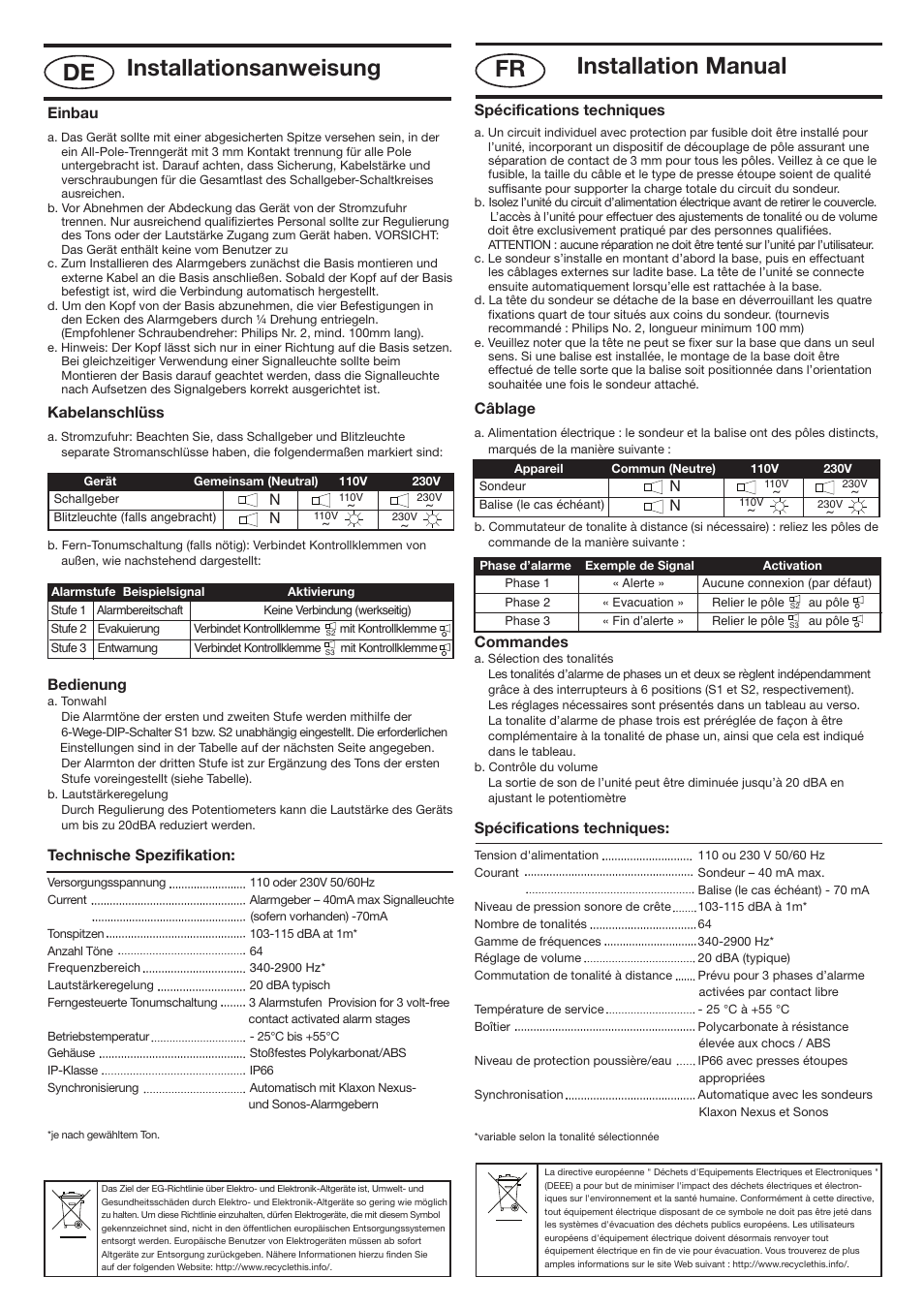Nexos ger - french 110 ac _layout 1, Installation manual, Installationsanweisung de | Spécifications techniques, Câblage, Commandes, Einbau, Kabelanschlüss, Bedienung, Technische spezifikation | Klaxon Nexus 110 AC User Manual | Page 3 / 7