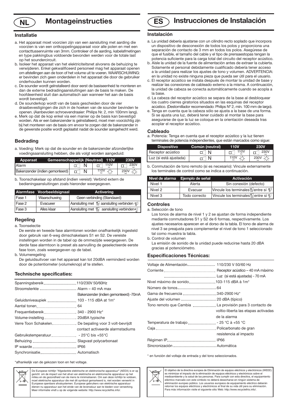 Nexos nl - spain 110 ac _layout 1, Instrucciones de instalación, Es montageinstructies nl | Instalación, Cableado, Controles, Especificaciones técnicas, Installatie, Bedrading, Regeling | Klaxon Nexus 110 AC User Manual | Page 4 / 7