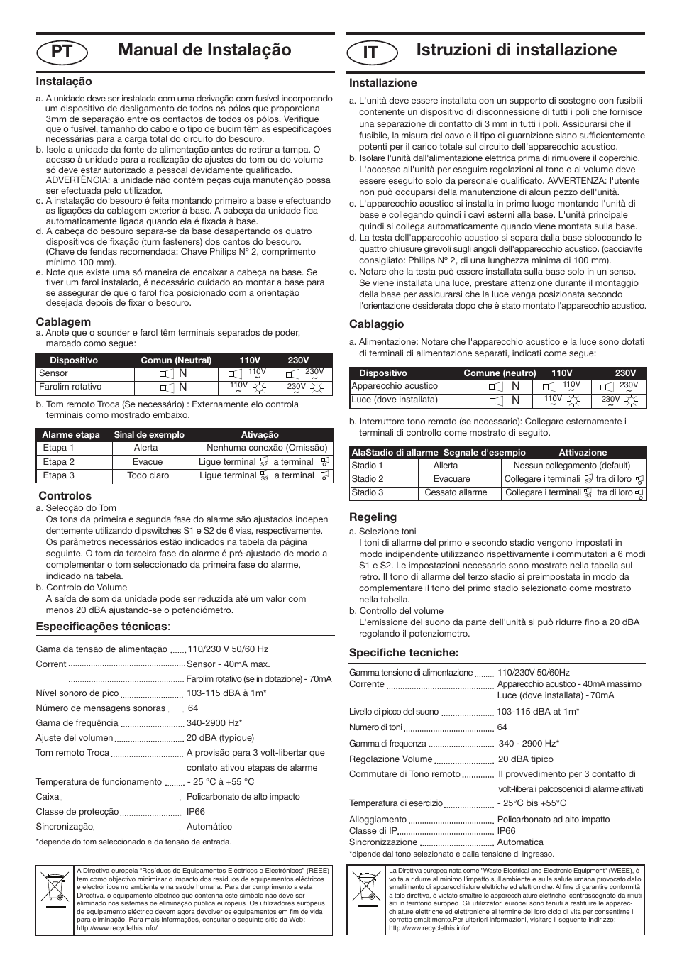Nexos italy - portugal 110 ac _layout 1, Manual de instalação, Pt istruzioni di installazione it | Instalação, Cablagem, Controlos, Especificações técnicas, Installazione, Cablaggio, Regeling | Klaxon Nexus 110 AC User Manual | Page 5 / 7