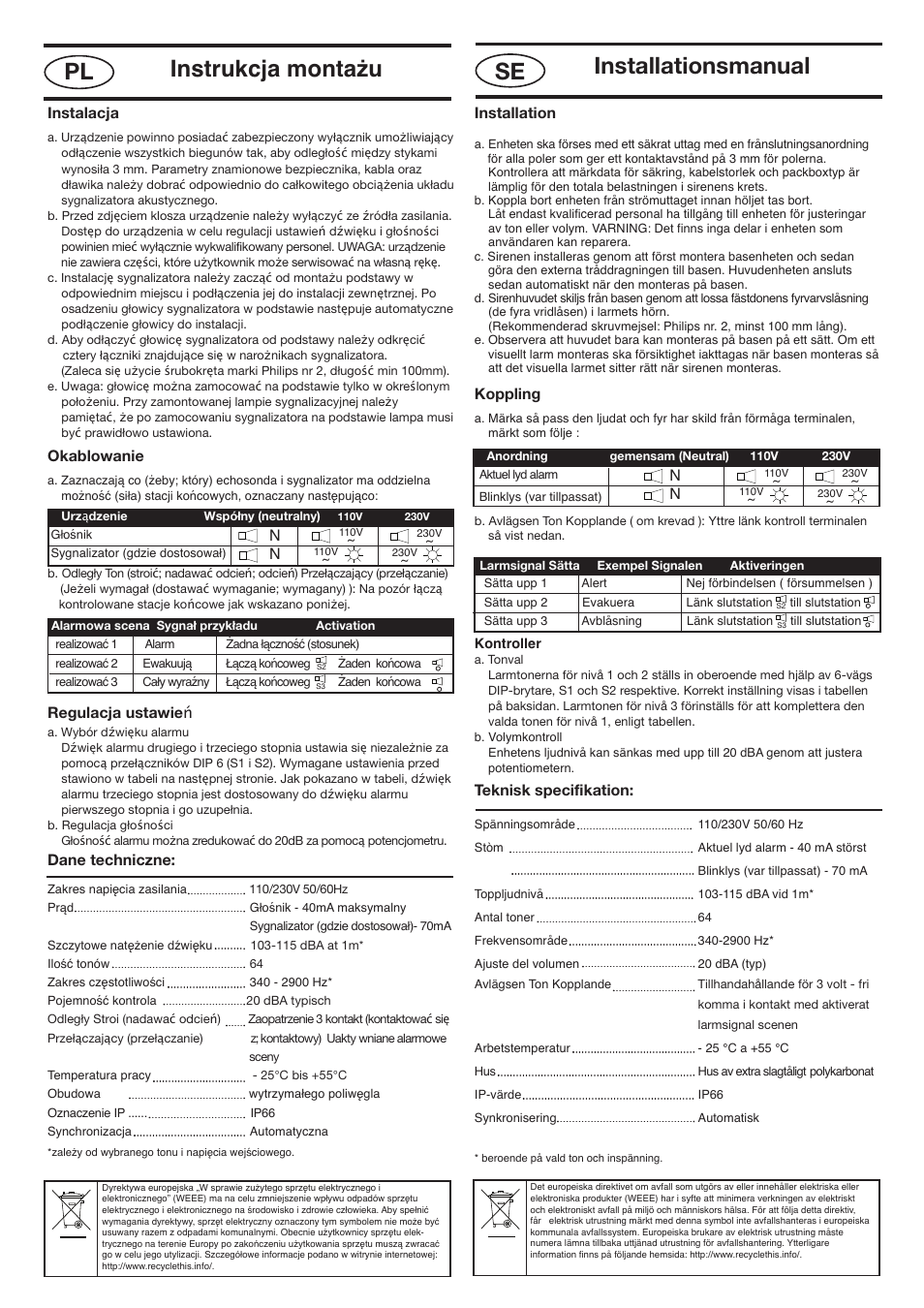 Nexos poland - sweden 110 ac _layout 1, Installationsmanual, Se instrukcja montażu pl | Installation, Koppling, Teknisk specifikation, Instalacja, Okablowanie, Regulacja ustawie ń, Dane techniczne | Klaxon Nexus 110 AC User Manual | Page 6 / 7