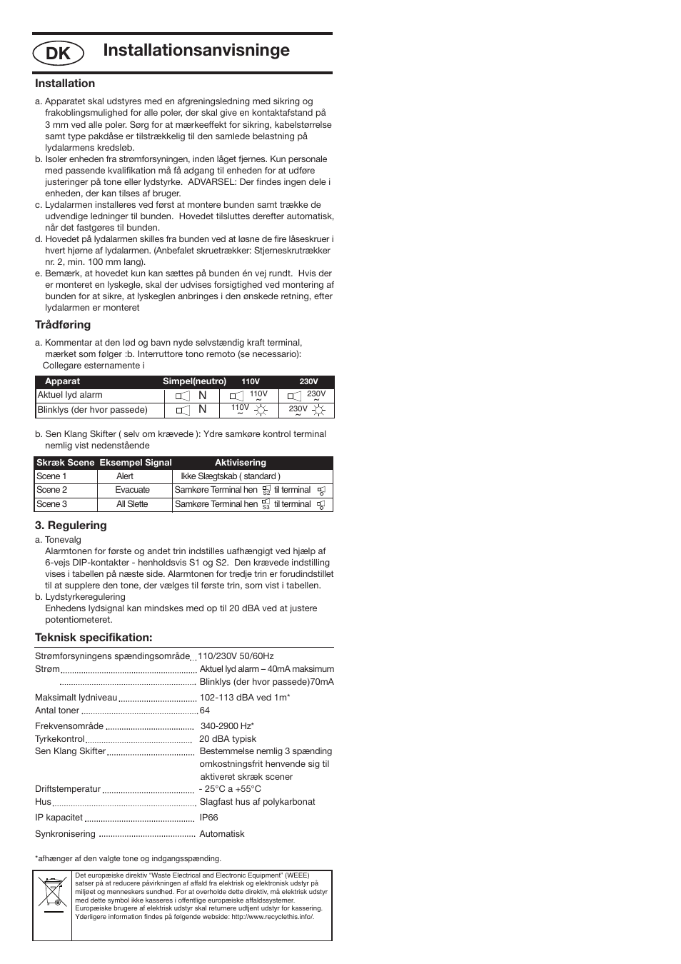 Nexos danish 110 ac _layout 1, Installationsanvisninge dk, Installation | Trådføring, Regulering, Teknisk specifikation | Klaxon Nexus 110 AC User Manual | Page 7 / 7