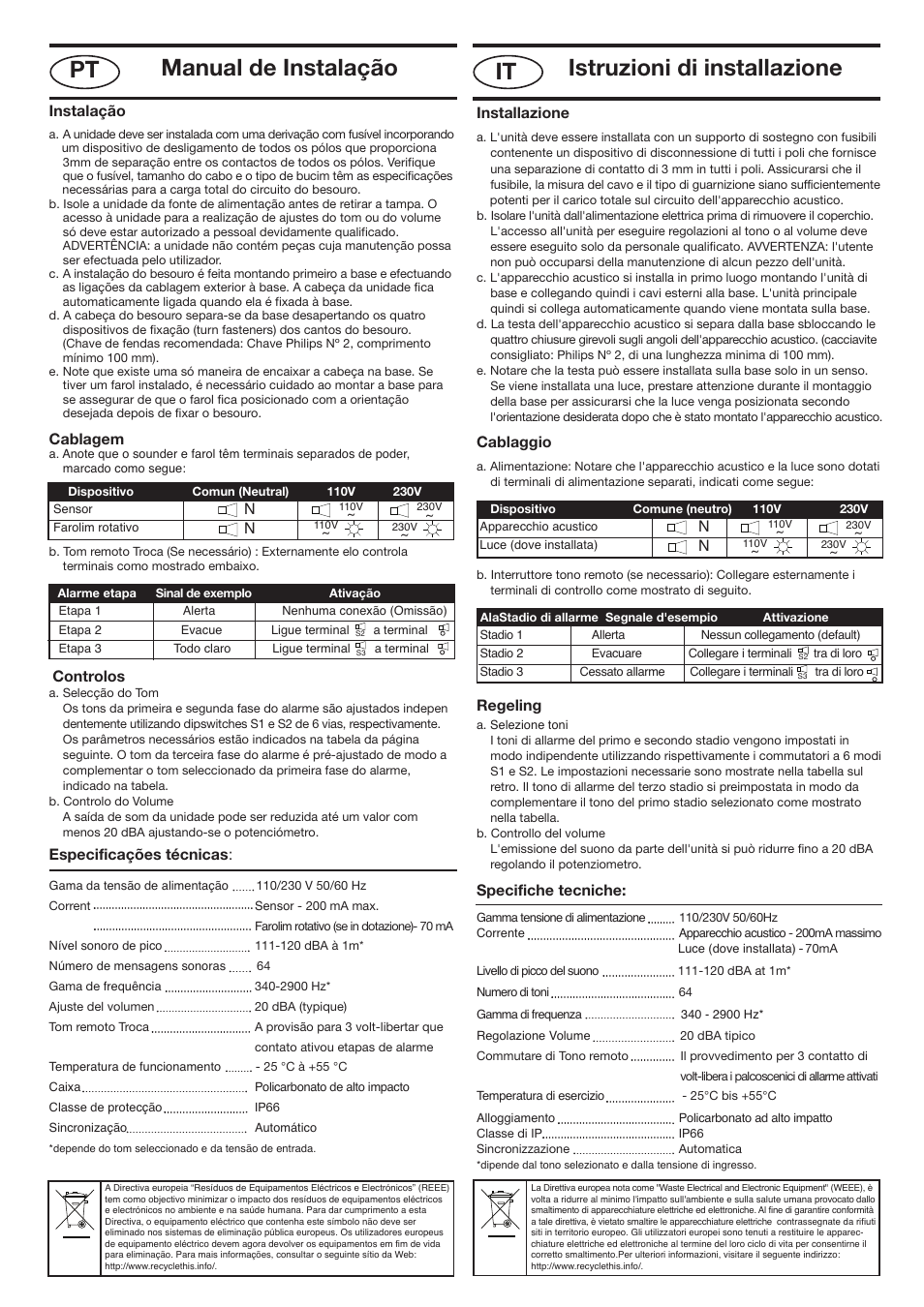 Nexos italy - portugal 120 ac _layout 1, Manual de instalação, Pt istruzioni di installazione it | Instalação, Cablagem, Controlos, Especificações técnicas, Installazione, Cablaggio, Regeling | Klaxon Nexus 120 AC User Manual | Page 5 / 7